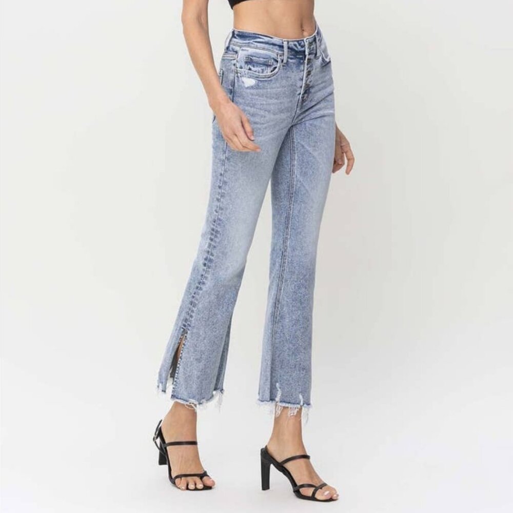 High Rise Side Slit Crop Flare Jeans